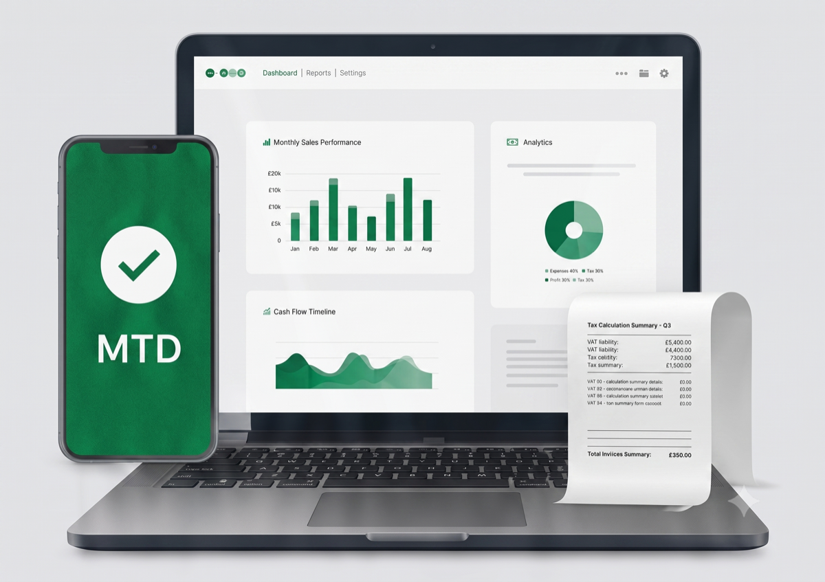 Accounting dashboard on laptop and Making Tax Digital app