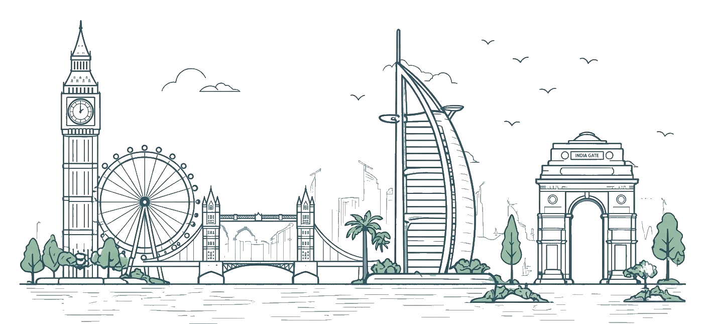 London, Dubai and India skyline illustration